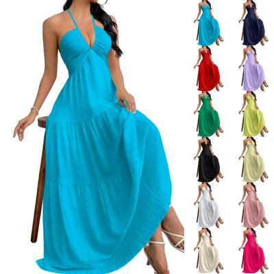 Women Sleeveless Halter Neck Maxi Dress Backless Strap Tie Summer Beach Casual Long Dress for Vacation and Leisure Wear
