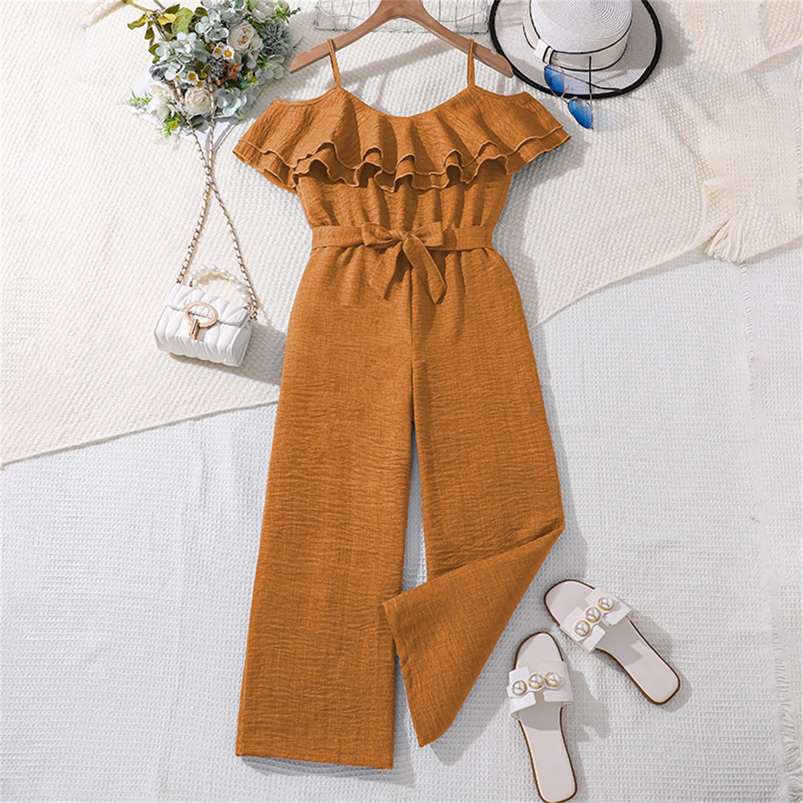 

Летний детский комбинезон среднего размера для детей, повседневный комбинезон для девочек с кружевной талией и широкими штанинами 170