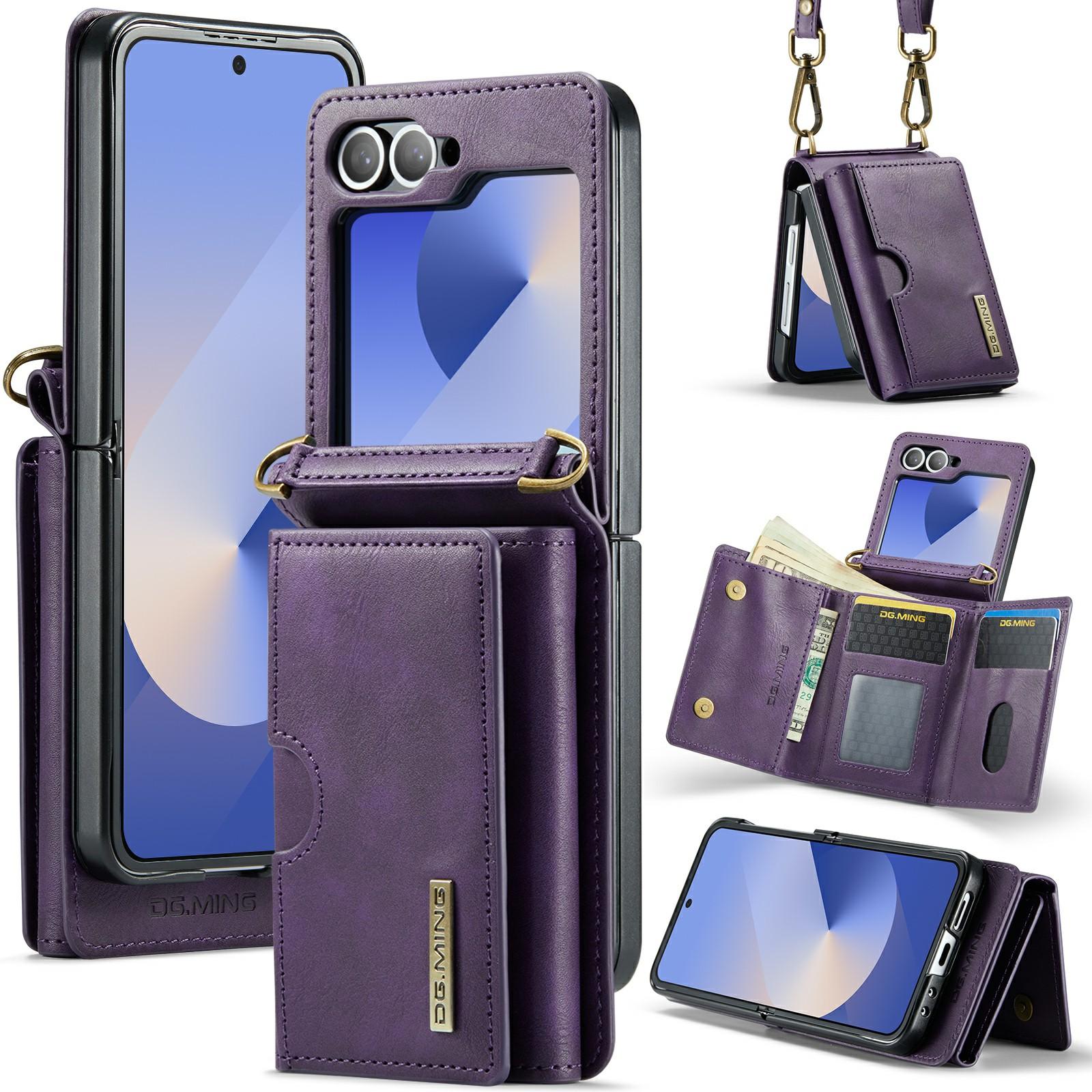 

DG.MING M6 Series For Samsung Galaxy Z Flip6 5G/Z Flip7 FE 5G Foldable Case PU + PC Phone Cover with Wallet/Shoulder Strap