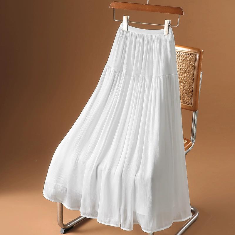 2025 Summer Women New Skirts Solid Elastic Waist Pleated Mesh Elegant Skirts