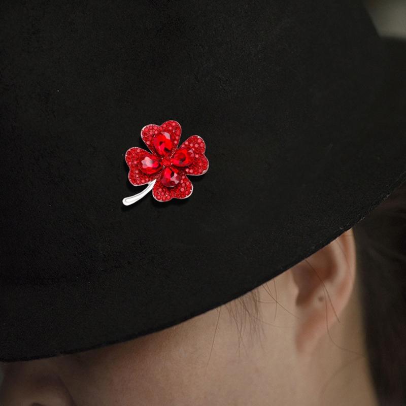 Four-leaf Clover for Rhinestone Brooch Elegant Silver Crystal for Rhinestone Enamel Brooch Pins Gift for Women Vintage G
