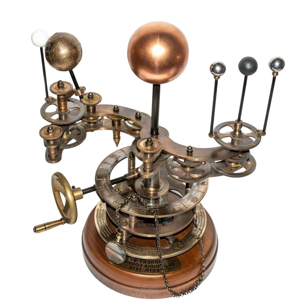 Antikes Vintage Messing Orrery Sonnensystem Sonne Erde Mond Sumpf mit Holzsockel
