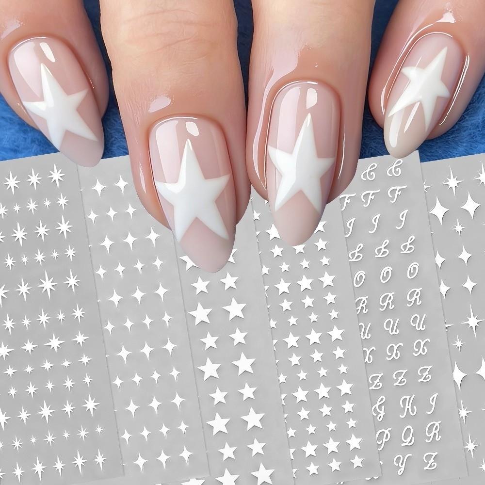 6Pcs Y2K Irregular Star Manicure Decals Gold Silver Color Letters Nail Decorations Nail Supplies