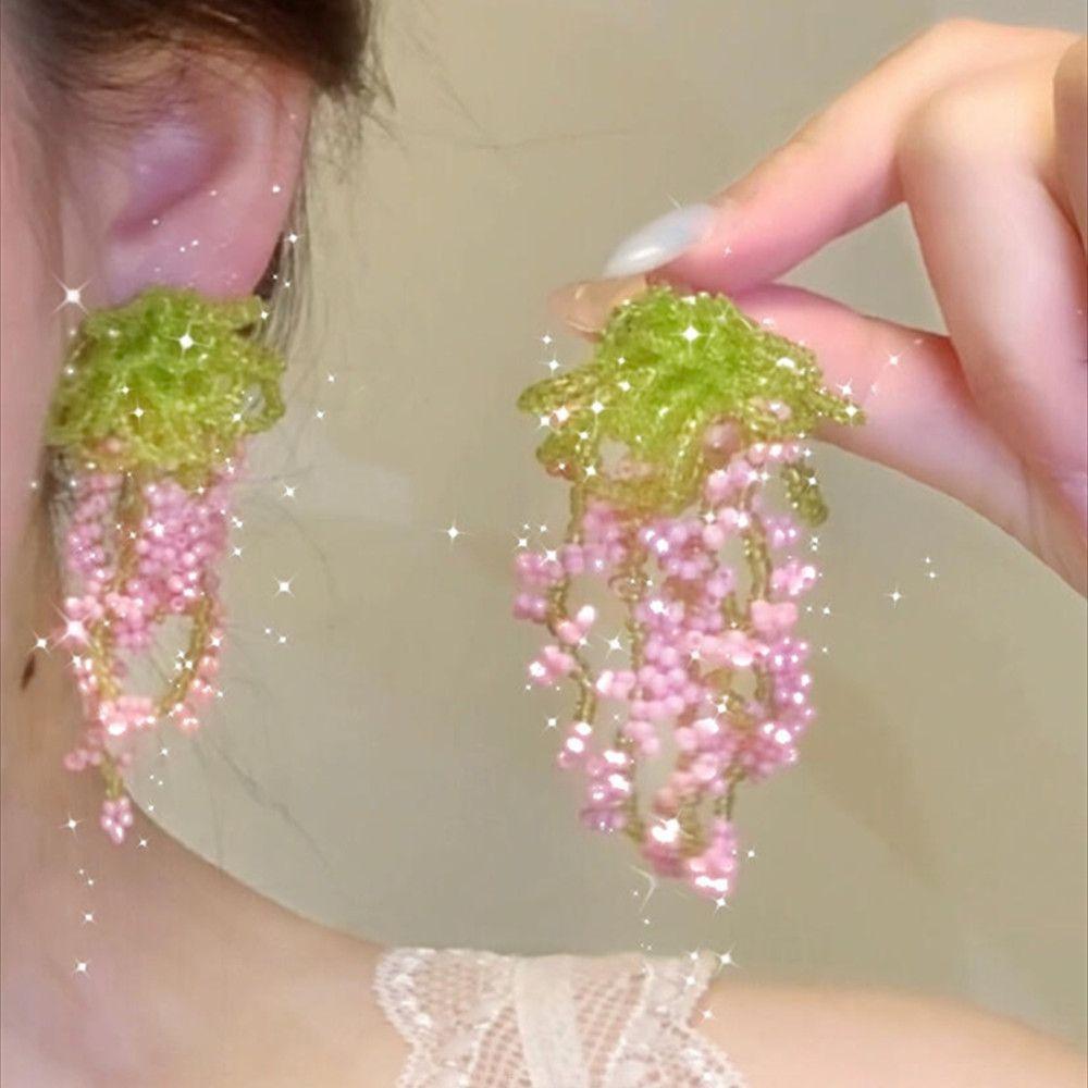 Silver needle resin flower fringed earrings super fairy temperament versatile stud earrings niche sweet high-end earrings women