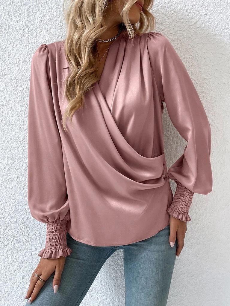 Women's Elegant Shirt V-Neck Lantern Sleeve Formal Business Casual Pure Color Blouse for Women