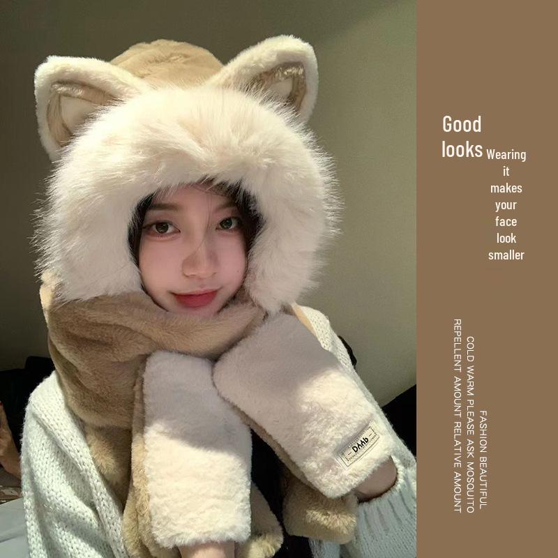 Women's Cozy Fox Ear Plush Hat with Integrated Scarf - Warm, Soft Lei Feng Design for Autumn and Winter. Perfect Ear Protection for Students.