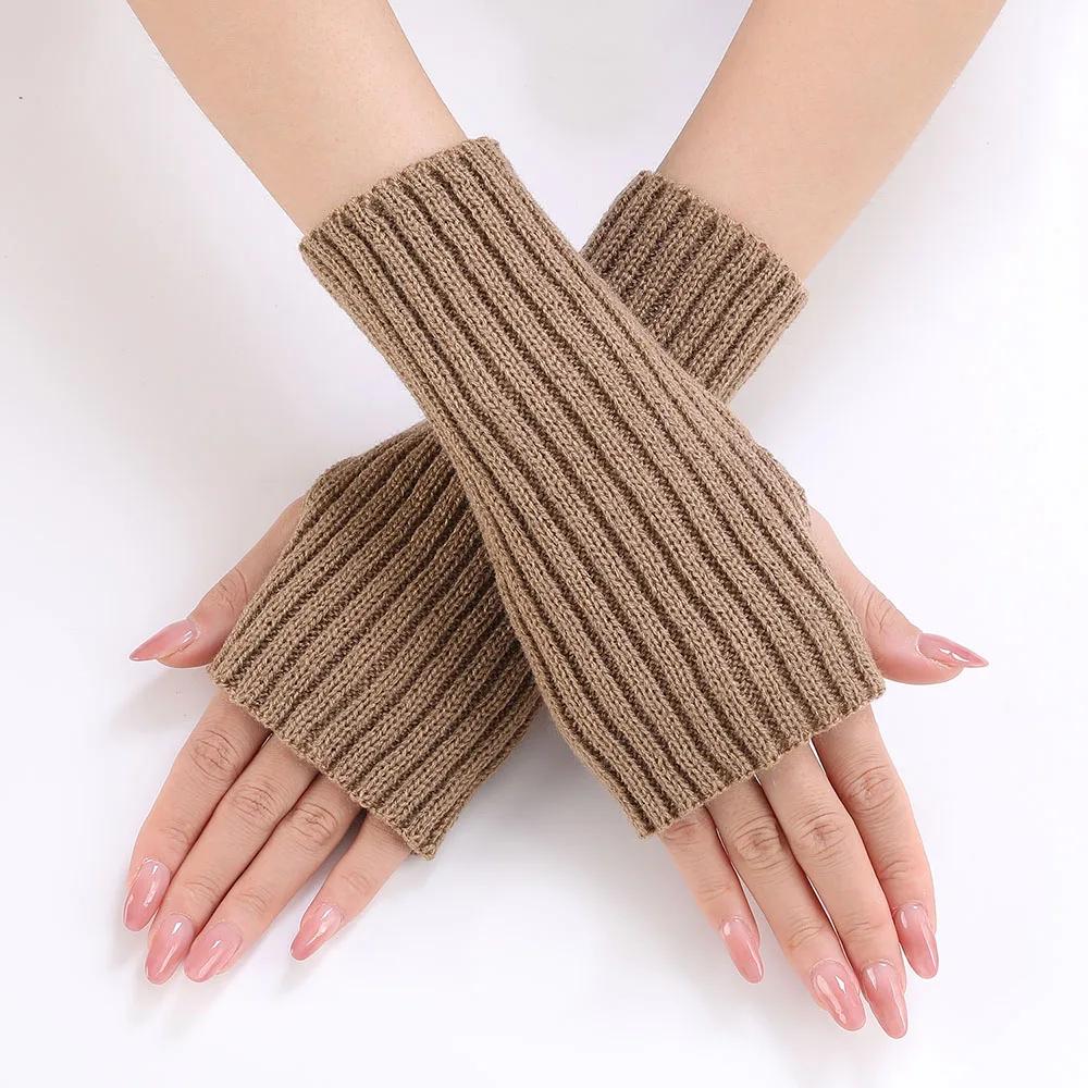 Women Half Finger Gloves Winter Knitted Arm Sleeves Fingerless Mittens Solid Color Soft Gloves Students Touch Screen Gloves