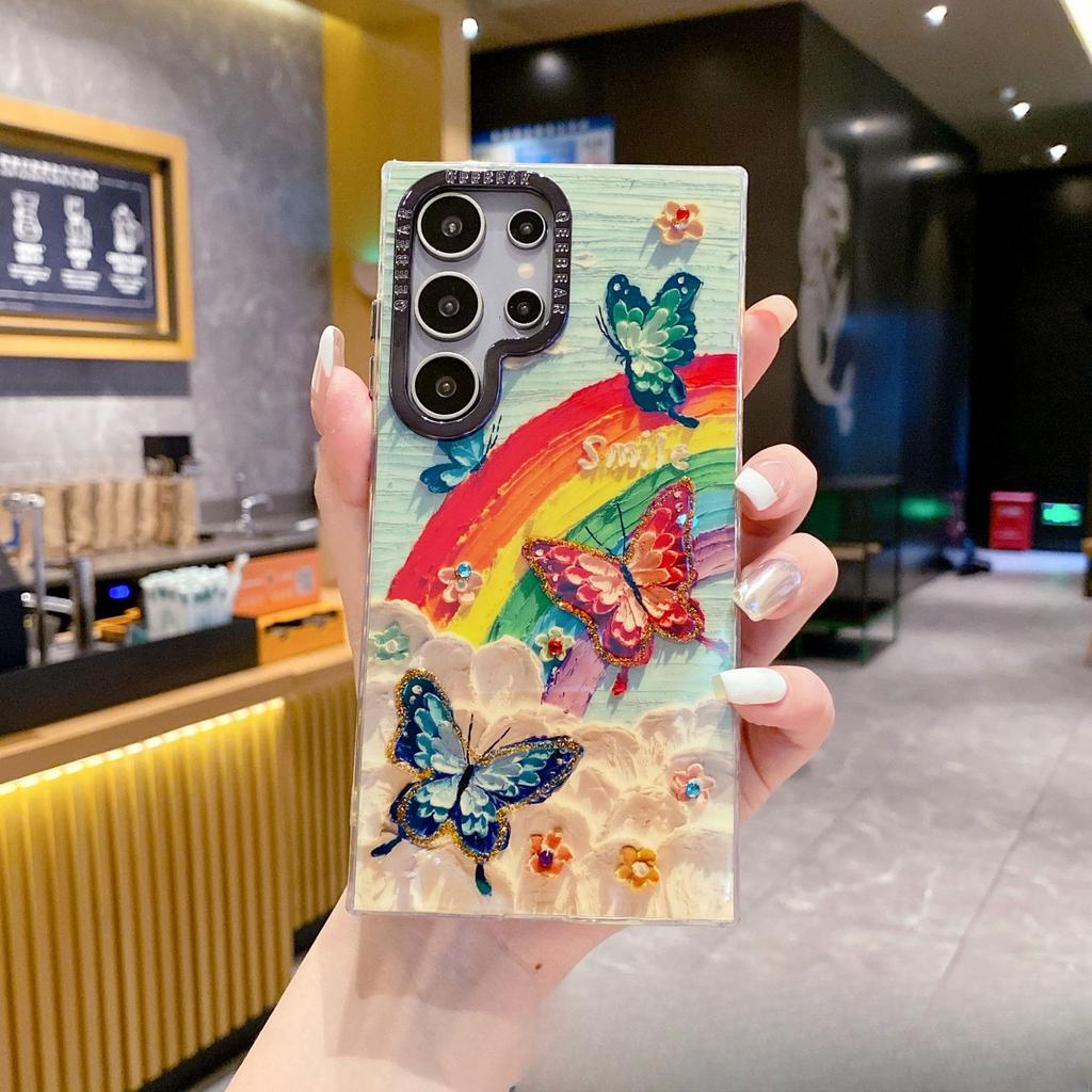 Rainbow Painting, Butterfly Oil Painting, Suitable for Samsung S25ULTRA Phone Case, Anti-drop S24 Resin Blue Light IMD