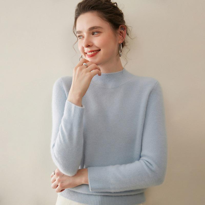 Women's Thickened Cashmere Long Sleeve Pullover - Half-High Neck, 100% Pure Knit for Autumn/Winter