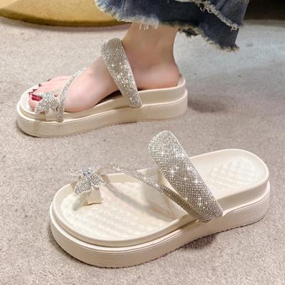 Shiny Crystal Butterfly Flat Heeled Sandals Women 2024 Summer Clip Toe Platform Slippers Woman Soft Thick Sole Flip-Flops Slides