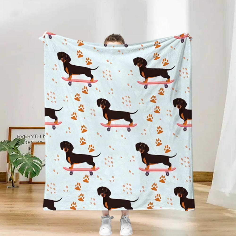 Paw Bone Mixed Dachshund Print Throw Blanket For Indoor Space Sofa Bedroom Office Birthday Cute Pet Blessing Theme Party Gift