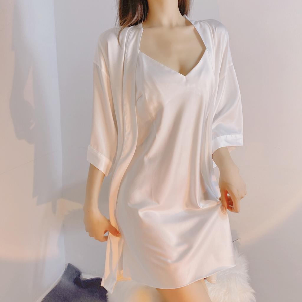 Sexy pajamas women's summer ice silk thin with chest pads, beautiful back nightgown two-piece set, suspender nightdress two-piece set