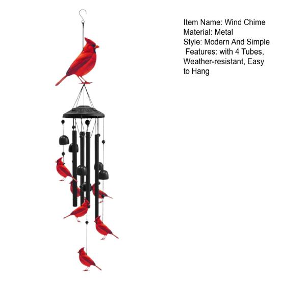 Red Bird Wind Chime with 4 Tubes Weather-resistant Vintage Indoor Outdoor Garden Yard Patio Hanging Metal Wind Bell Decoration