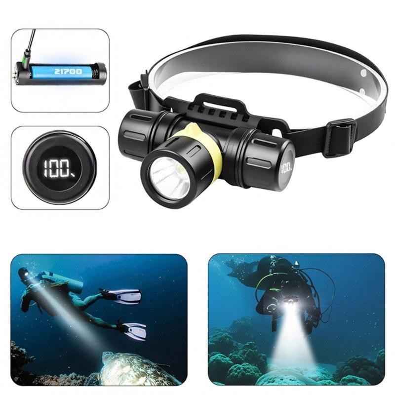 Underwater Diving Headlamp with Adjustable Head Mount, Aluminum Beam Light for Snorkeling, Night Fishing and Camping