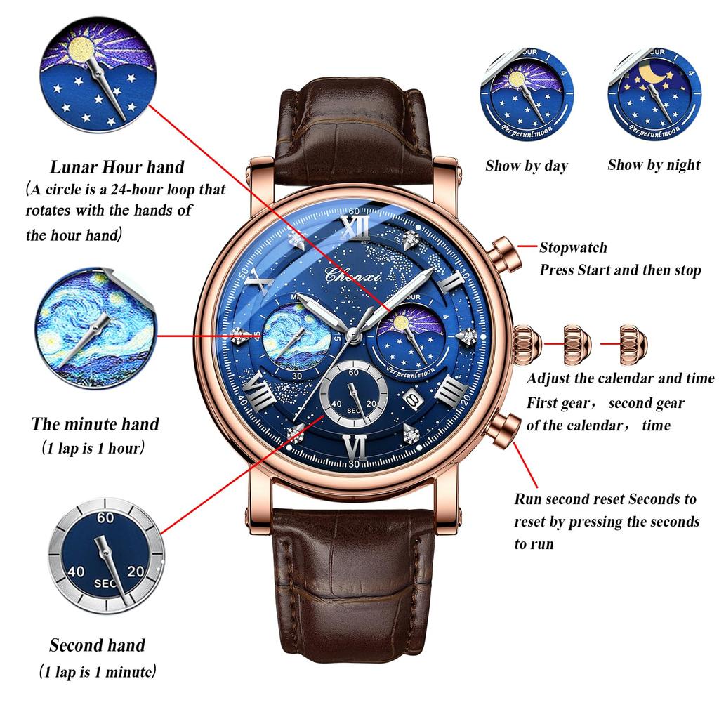 JEWELRYWE Men's Leather Belt Watch 3ATM Water Resistant Brown Roman Numerals Analog Luminous Calendar Quartz Fashion Gift