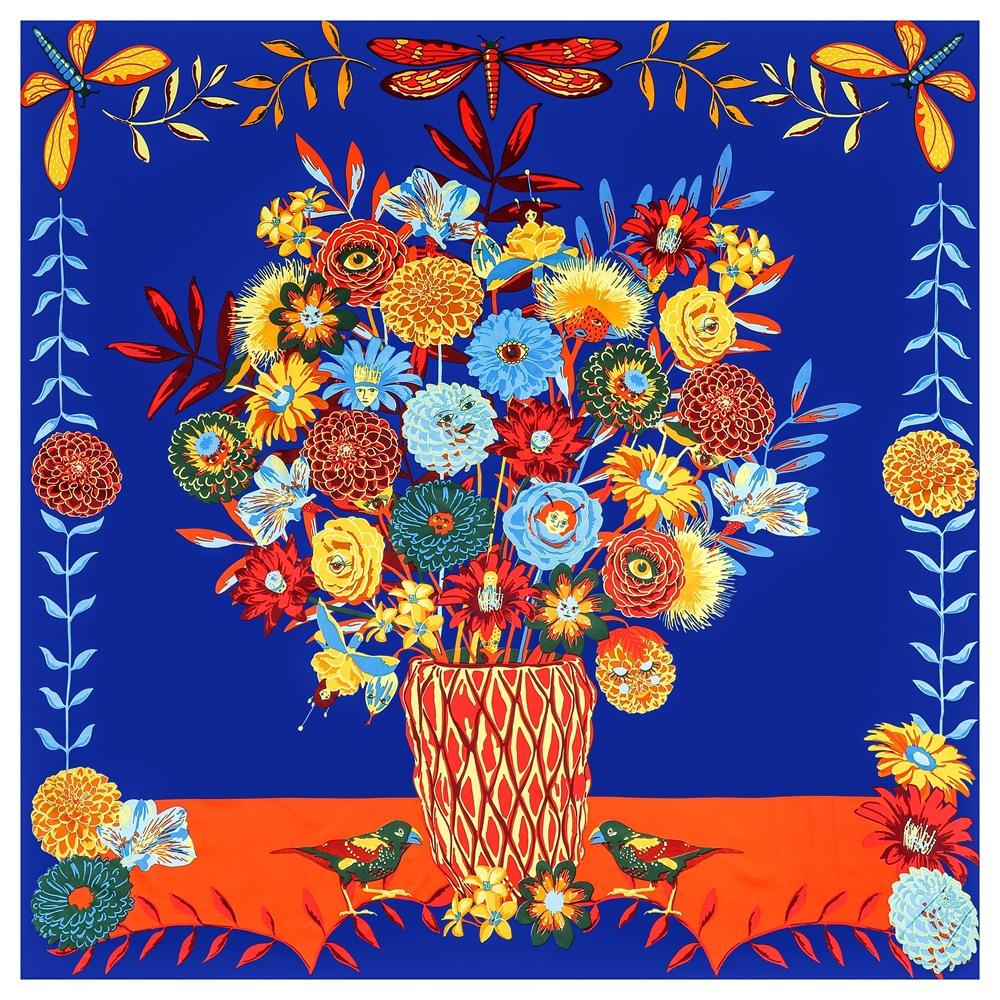 New Silk Scarf Women Large Shawls Bottle Flowers Square Scarves Wraps Bandana Luxury Kerchief Hijab Scarf Female Foulards