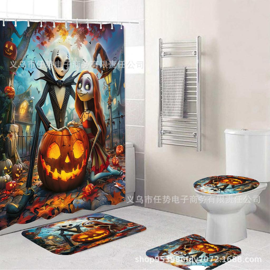 Halloween-Themed Skull Monster 4-Piece Shower Curtain Set Non-Slip Carpet Toilet Cover Bath Mat Curtain