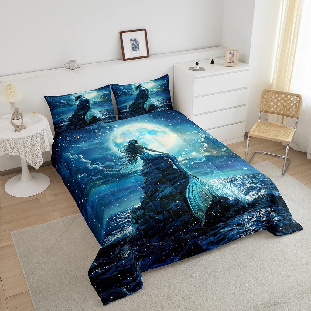 3D Mermaid Comforter Set Queen SizeSea Moon Starry Sky Bedding Set Kids Boys Girls Room DecorLuxury Fashion Soft Microfiber