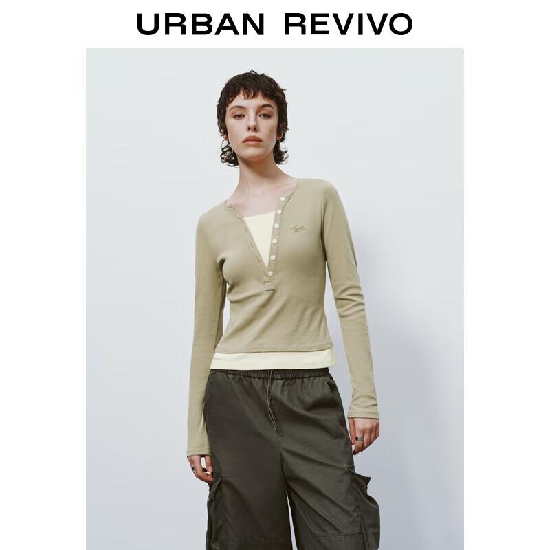 UR 2025 Women s Autumn Slim-Fit Faux Two-Piece Color-Block T-Shirt S