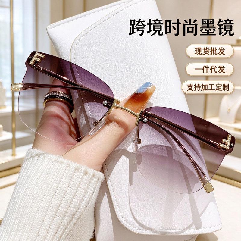 Diamond-encrusted F-letter frameless sunglasses ins wind fashion sunglasses high-end metal sunglasses women's one