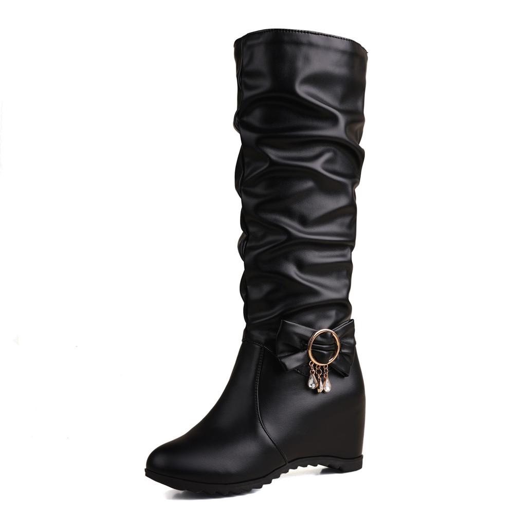 Wedge Platform Women High Boots Knee High Boots Girls Slip On Fashion Height Heel Wedge Boot Bow Buckle Casual Shoes Woman