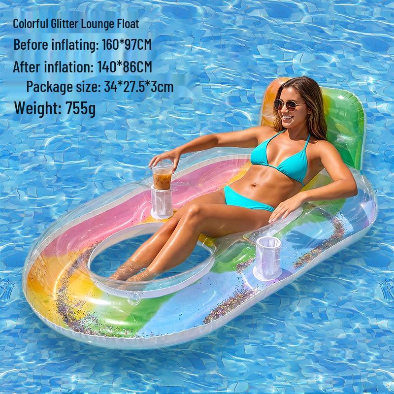 Colorful Sequin Reclining Water Lounger: Inflatable PVC Mesh Pool Float for One