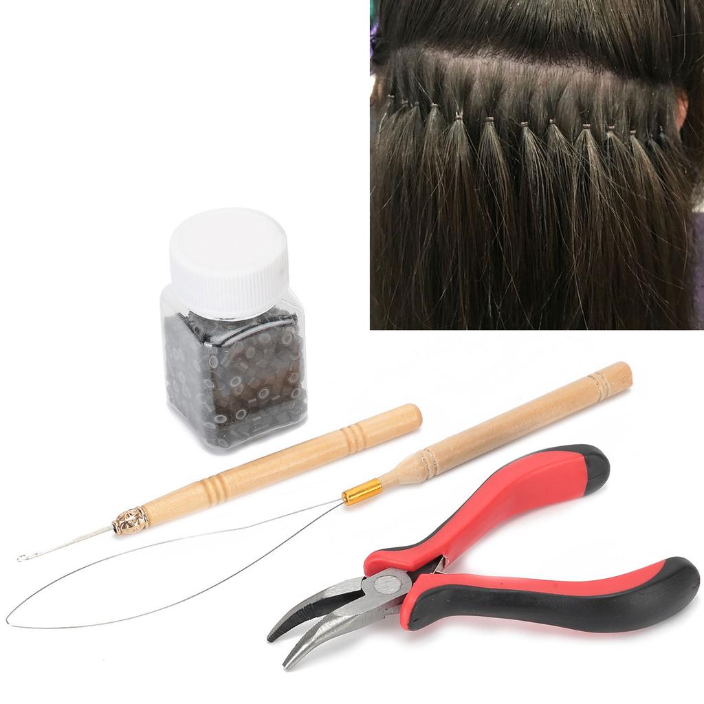 500 buc Inele din silicon pentru extensii de păr, clește curbat, croșetă, ac de tras, kit de instrumente pentru extensii de păr