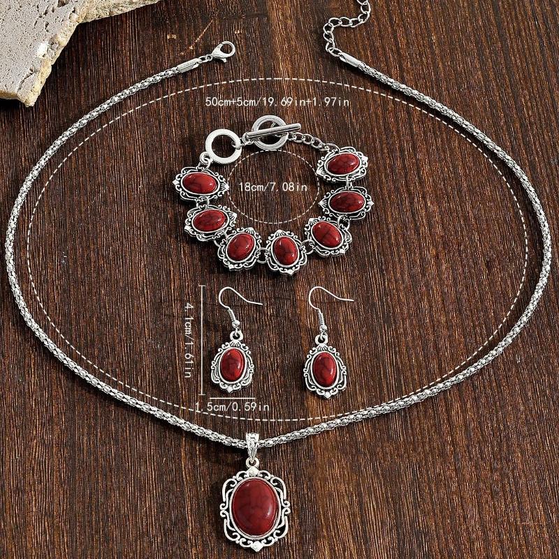 3Pcs Women'S Vintage Turquoise Bracelet Necklace Earrings Set, Healing Stone Decoration Gift