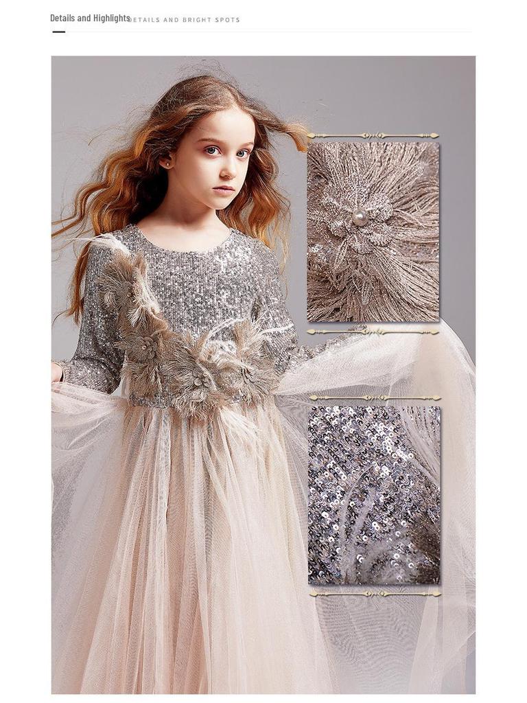 Rochie Tutu de Prințesă cu Paiete pentru Fete, Ținută de Spectacol și Bal cu Mânecă Lungă