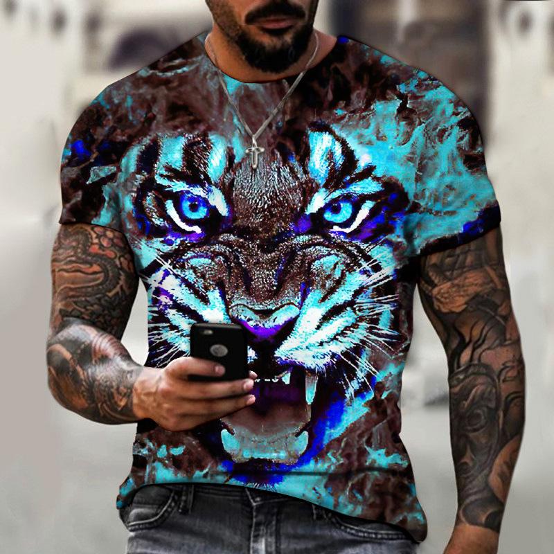 Summer Round Neck 3D Tiger Print Top Fashionable Casual Short Sleeved Men's T-shirts