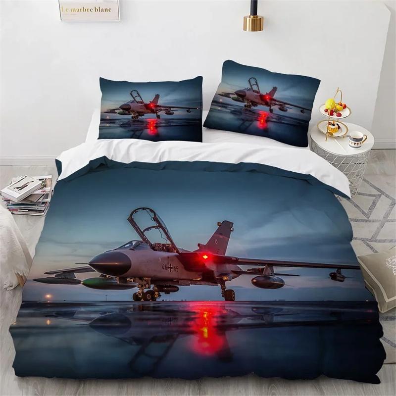 Fighter Plane King Queen Duvet Cover Military Aircraft Theme Bedding Collection Kids Boys Men Sunset Airplane Polyester Comforter Cover