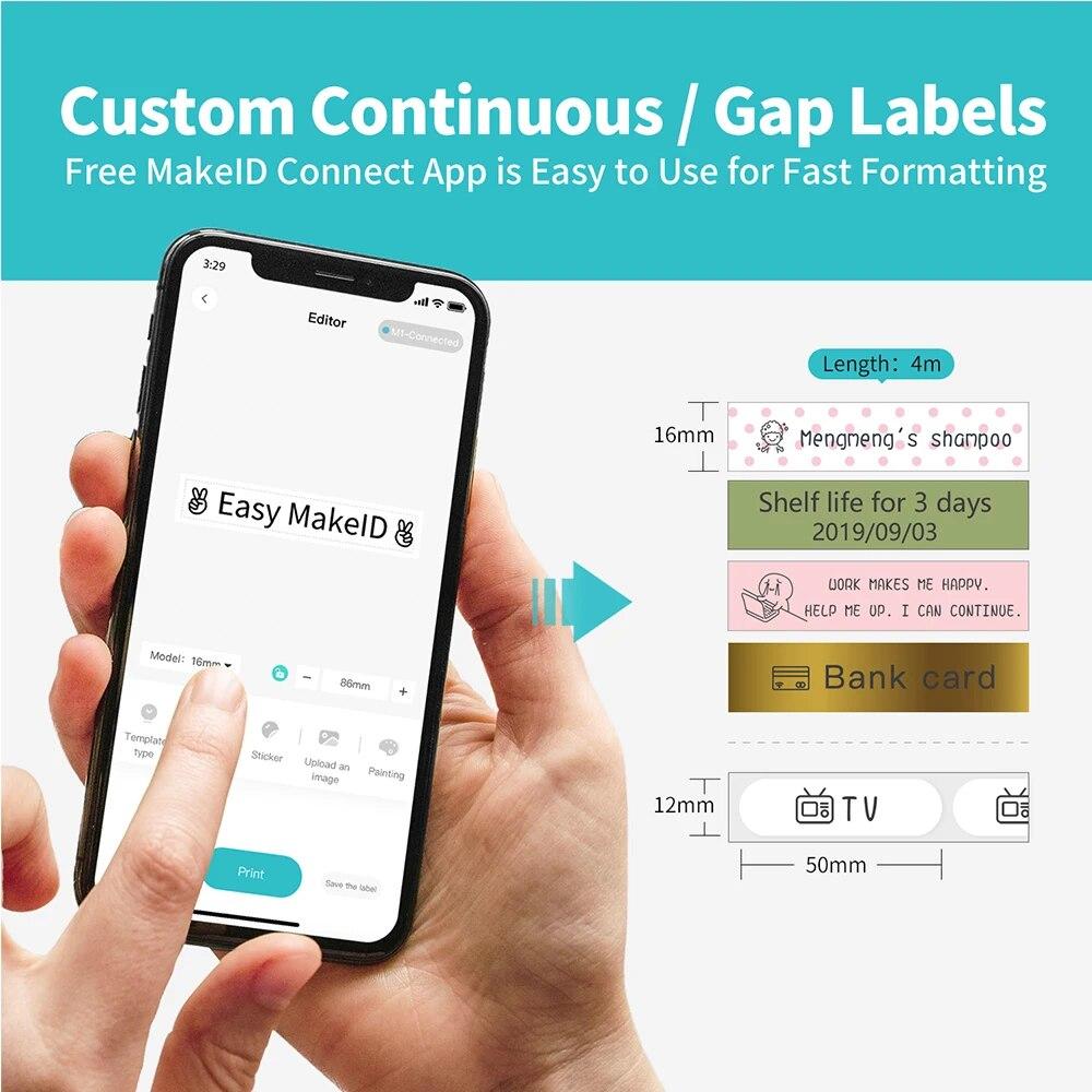10 Rollen 16 mm x 4 m Etikettenband für MakeID L1 Bluetooth-Thermoetikettendrucker L1-A Pocket Maker Tintenloser Druck DIY-Aufkleber für Zuhause