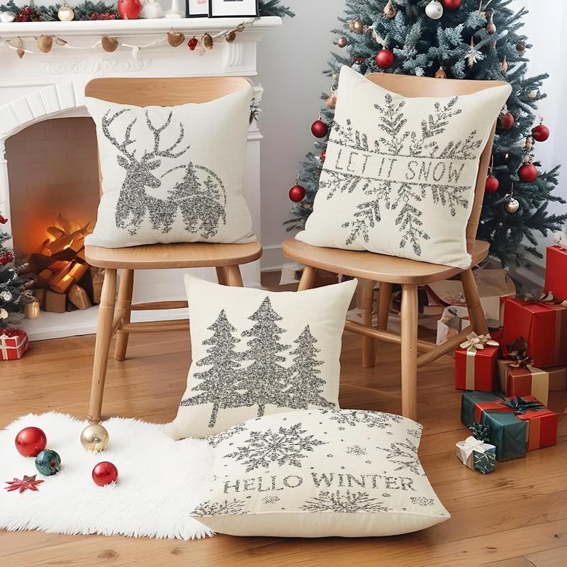 New Silver Glitter Snowflake Christmas Pillowcase Linen Print Pillowcase Festive Room Sofa Decoration
