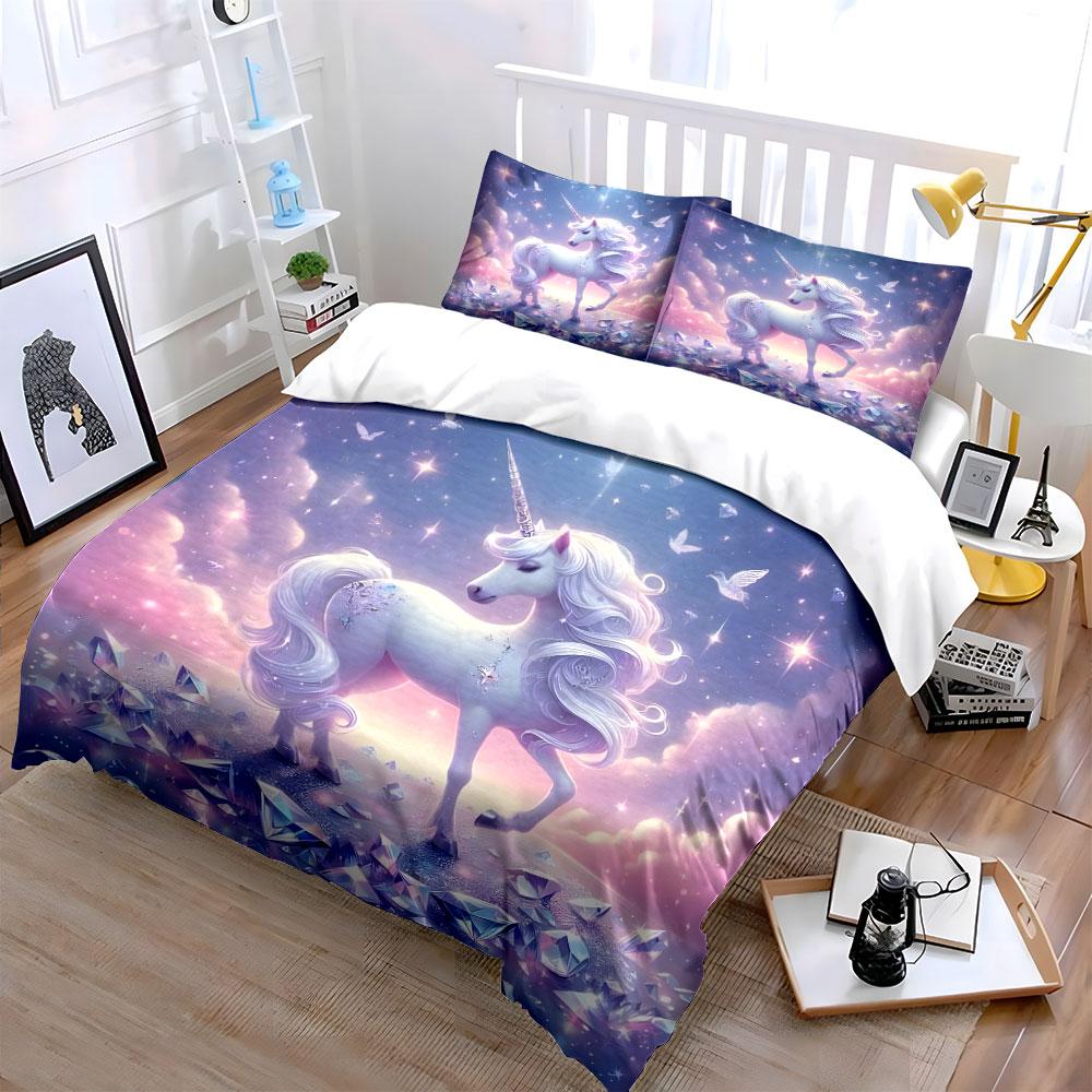 Enchanted Unicorn With Sparkling Crystals Duvet Cover Set With 3D Printing Design Soft Polyester Bedding Set All-Season Comfort