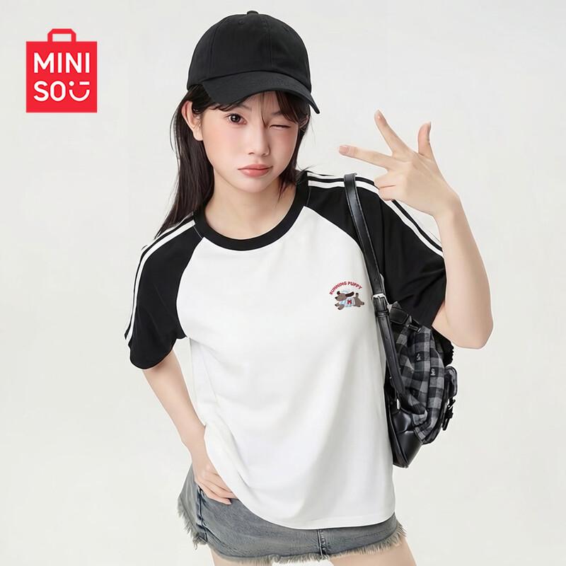 Женская летняя футболка MINISO с контрастными рукавами реглан из чистого хлопка XL