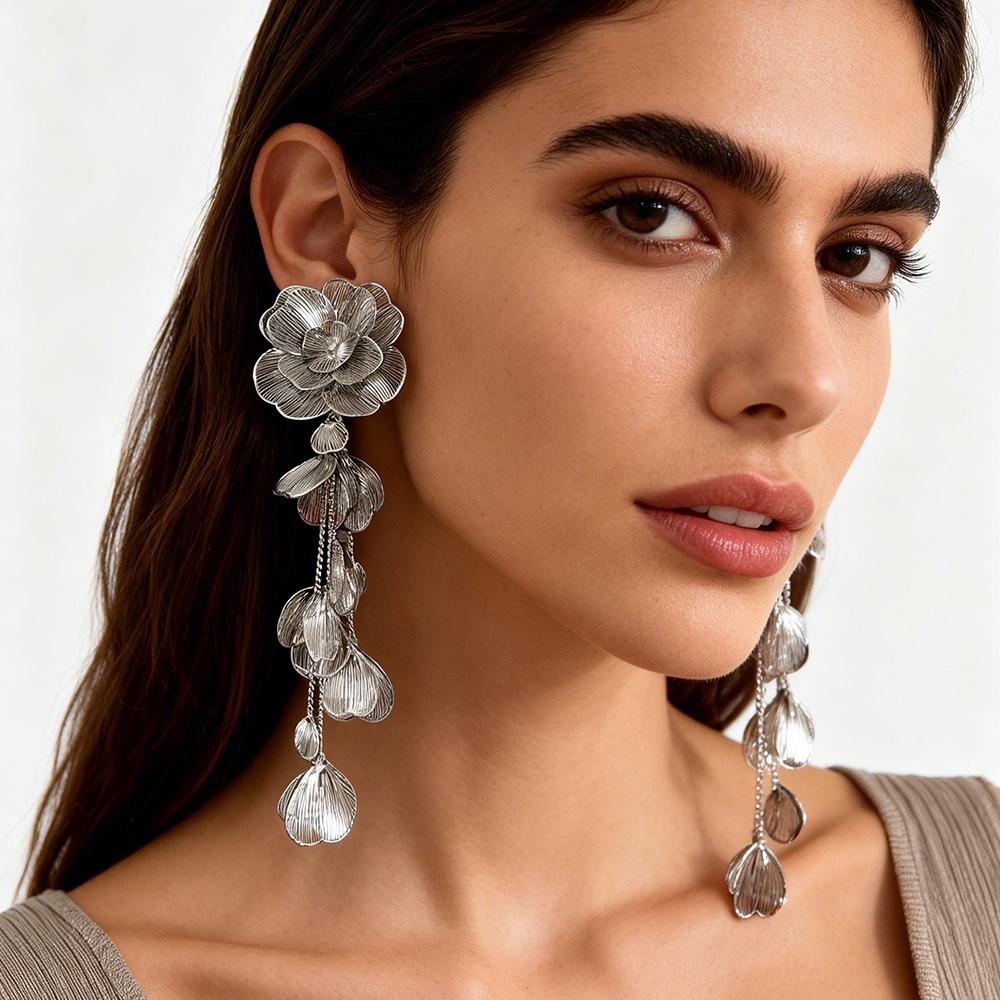 Exaggerated Flower Long Metal Dangle Earrings For Women Party Gift Gold Color Earrings Fashion Luxury Jewelry