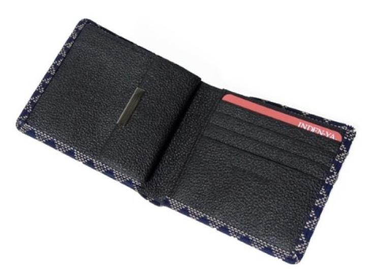 [Inden-ya] Inden Bifold Wallet 2003 Bill Compartment C, Navy Blue Deerskin with White Lacquer, Wave and Scale Pattern