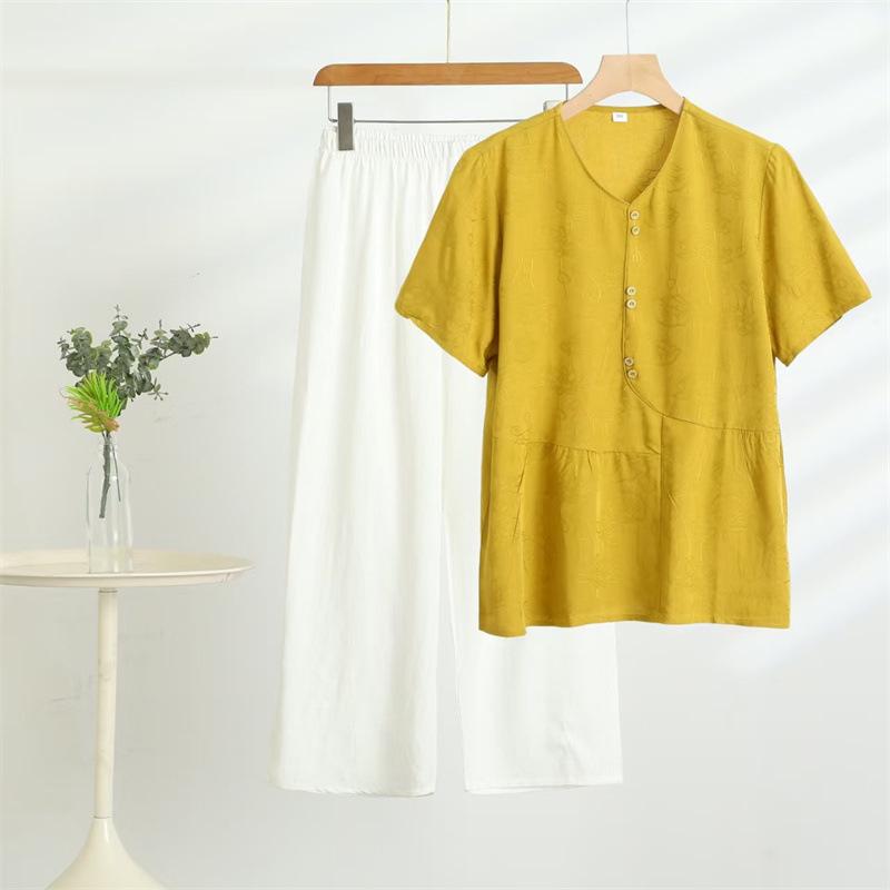 

Комплект футболок с коротким рукавом из хлопка и шелка для женщин среднего и пожилого возраста - Летняя коллекция 2025 4XL