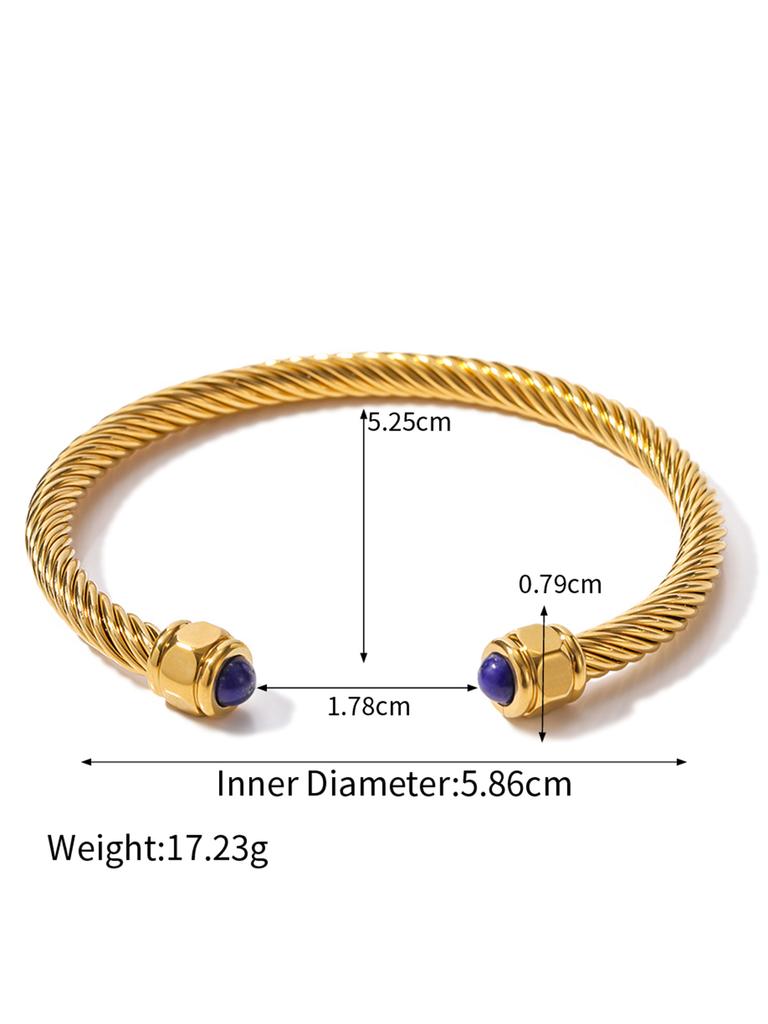 Uworld Simple Classic Gold Color Plated Stainless Steel Natural Stone Blue Turquoise Ribbed Bracelet Stackable Peacock Stone