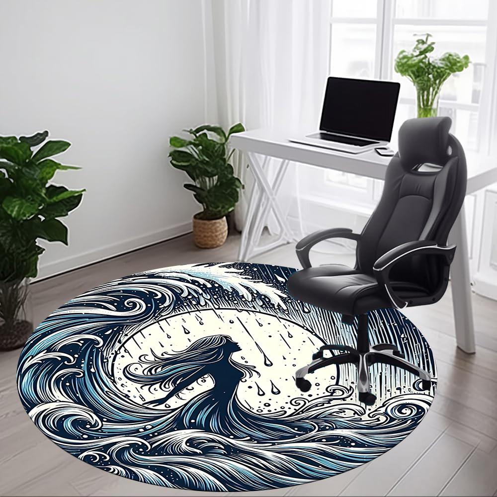 1pc Ocean Waves Office Round Area Rug, Indoor Mat Suitable For Office, Under Office Chairs Bedroom Living Room Home Decor234