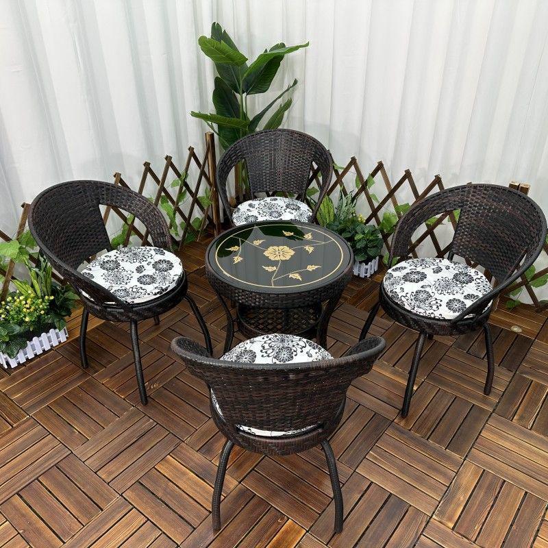 Three-Piece Chinese Style Rattan Table and Chair Set - Indoor Balcony Swivel Chair, Durable Round Five-Piece Swivel Design
