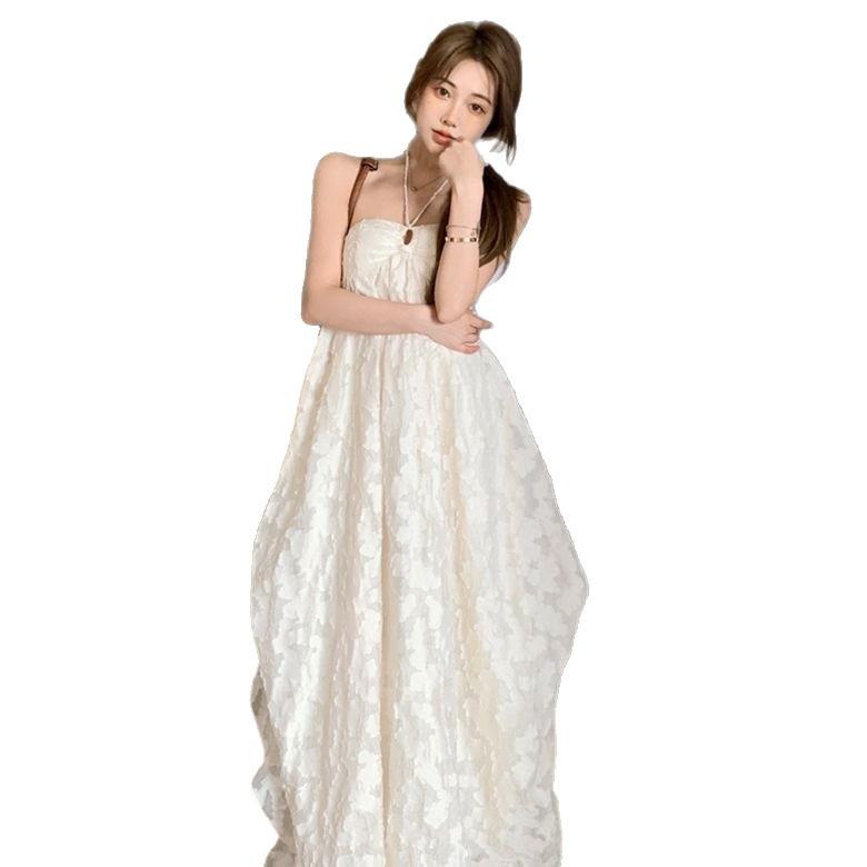 Seaside Vacation Backless Neck Dress, Children's Spring and Summer New Models with Chest Pads, Pure Desire Hollow Mid-length Dress