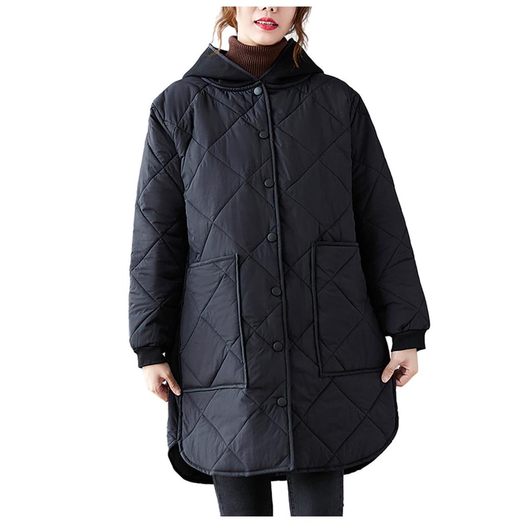 Jachetă de damă de iarnă cu glugă, cu mâneci lungi, de lungime medie, lejeră, din bumbac ușor