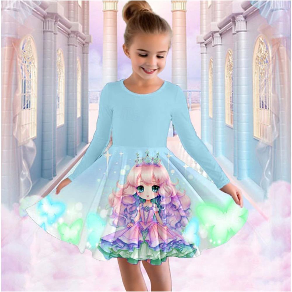 Girl Casual 3D Print Round Neck Long Sleeve Dress Kid Princess Dress 80