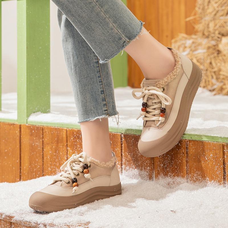 Fleece Single Shoes Women's Shoes Leather Thick-soled Warm Fluffy Shoes Women's Snow Leather Shoes New Winter Non-slip Cotton Shoes