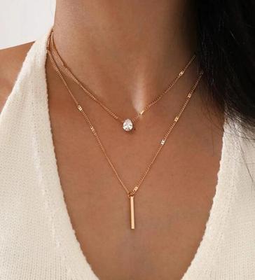 Europäische und amerikanische Halskette mit Strass-Anhänger in Tropfenform – doppellagiges Design mit langem Stab