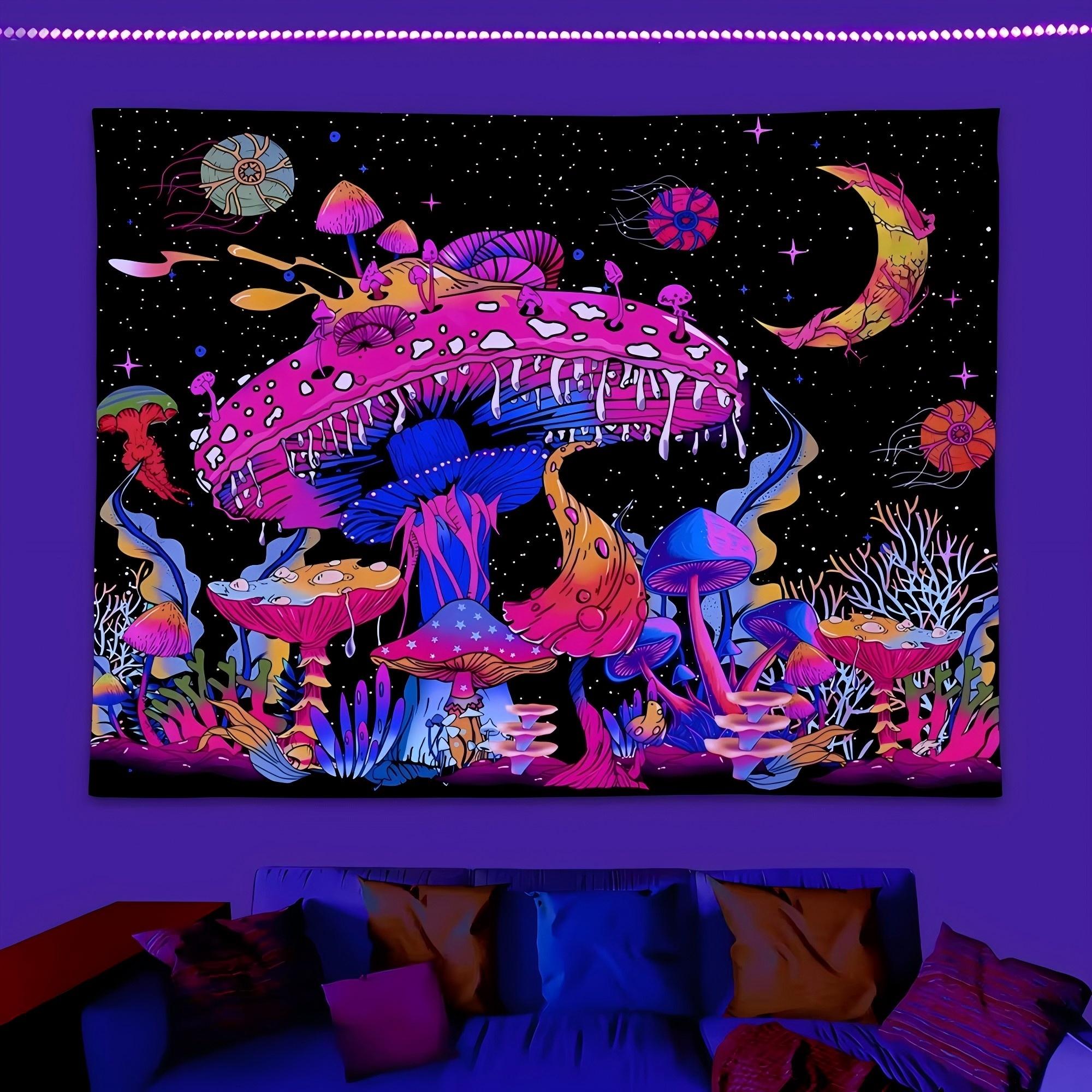 

VIKAMA Colorful Mushroom Tapestry Dark Night Nature Botanical Forest Moonflower Mystery Night Sky Tapestry Wall Decoration 73x95cm(2.4x3.1FT