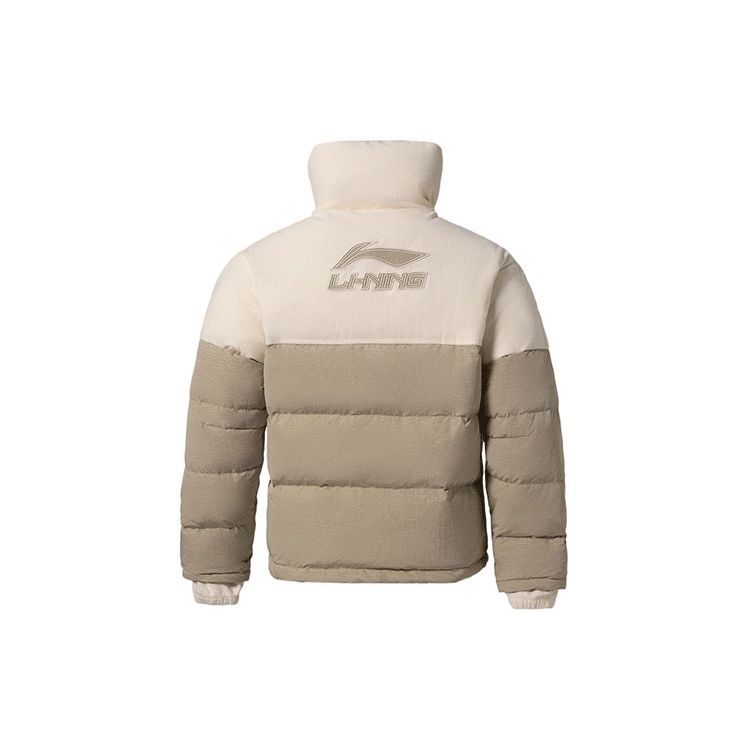 Li Ning Sports Basketball Series Color Block Warm Corduroy Loose High Neck Down Jacket Men Outerwear Beige AYMR223-4