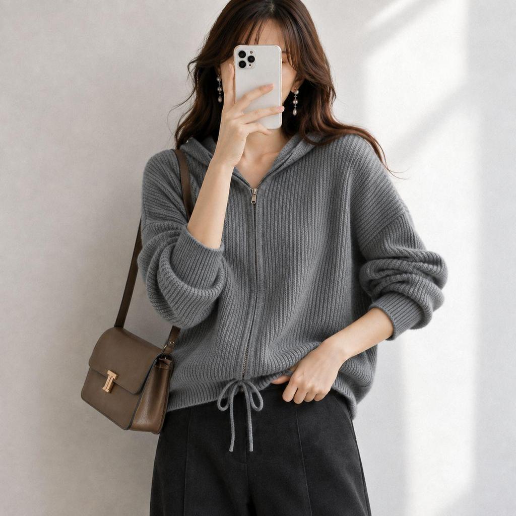 Women's Japanese Style Hooded Knit Cardigan - Autumn/Winter, Loose Fit, Short Zipper with Drawstring