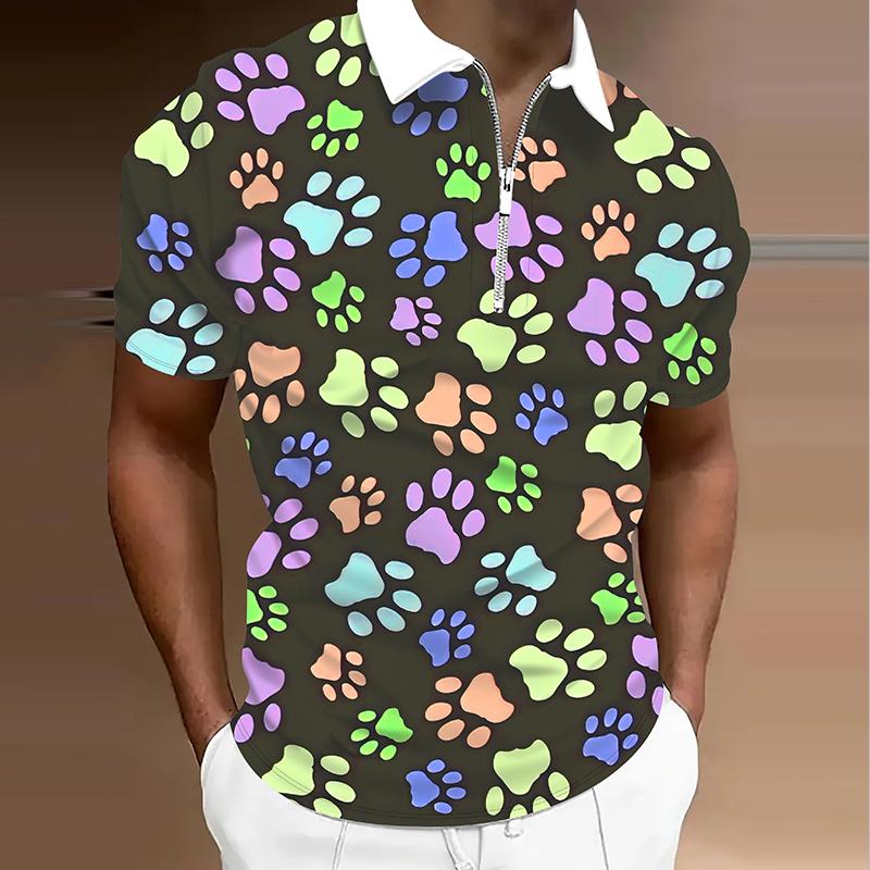 

Men s Shirt Polo Casual Zip Short Sleeve Fashion Casual Zipper Summer Spring Regular Fit 3D Dog Claw Print Shirt 8XL синий